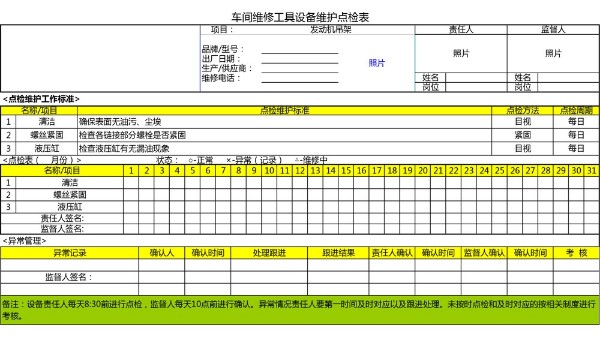 汽車4S店-發(fā)動機(jī)吊架 設(shè)備維護(hù)點(diǎn)檢表