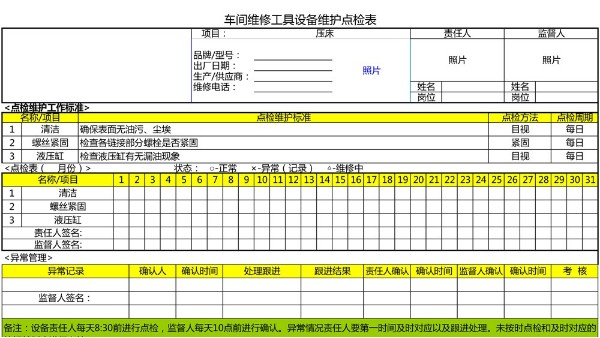 汽車4S店-壓床 設(shè)備維護(hù)點(diǎn)檢表