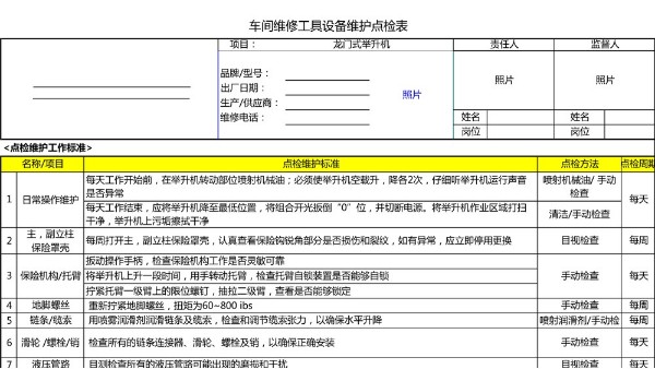 汽車4S店-雙柱/龍門舉升機(jī) 設(shè)備維護(hù)點(diǎn)檢表