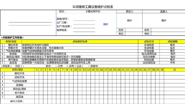 汽車4S店-小剪舉升機(jī) 設(shè)備維護(hù)點(diǎn)檢表