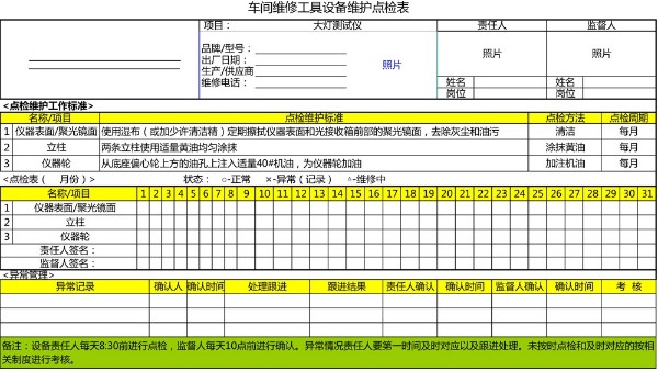 汽車(chē)4S店-大燈測(cè)試儀 設(shè)備維護(hù)點(diǎn)檢表