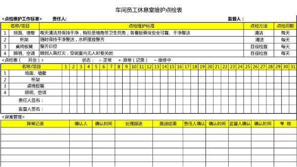 汽車4S店-車間員工休息室 維護點檢表