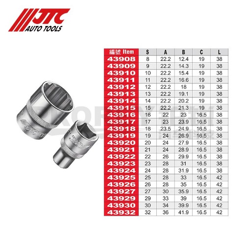 JTC43908 1/2英寸 手動短12角套筒8mm