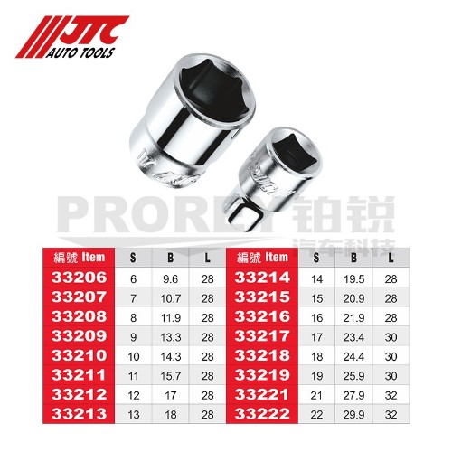 JTC 33206 3/8英寸 手動短六角套筒6mm